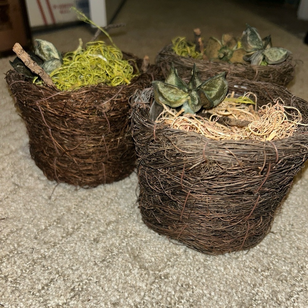 Bird Nest Lot Of 3 Fake With Asst Fake Moss, Branches, Flowers